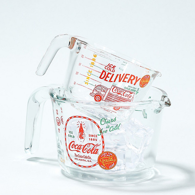 홈앤키즈 코카콜라 계량컵 250ml 500ml 손잡이형 눈금컵 내열 유리 식기세척기 전자레인지 오븐 사용가능 유리잔 유리컵, 단품, 1개