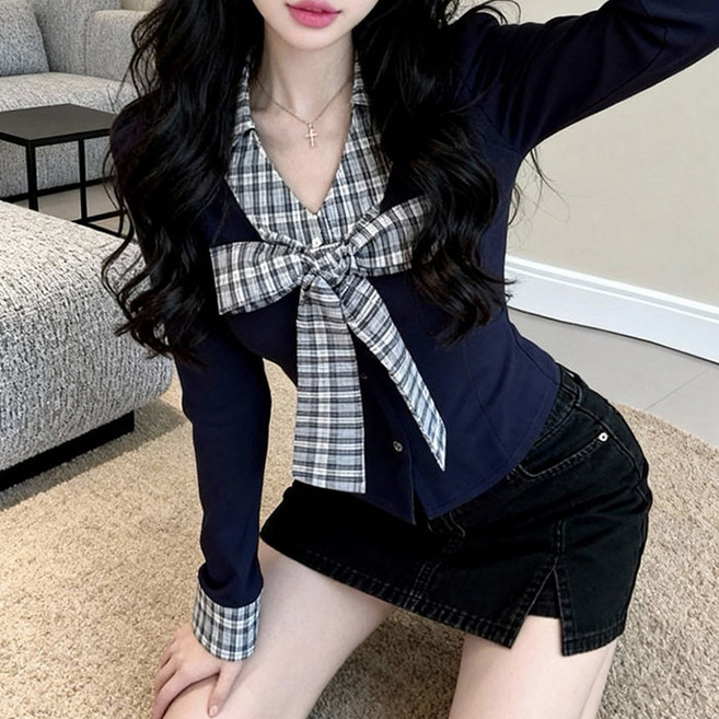 히또리 T4931 데이트룩 체크 브이넥 빅리본 가디건