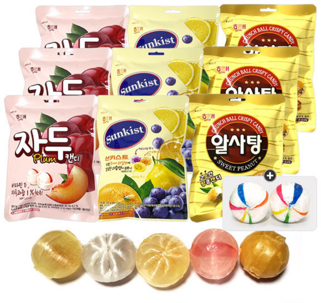 해태 캔디3종 3봉씩(자두캔디/썬키스트캔디/알사탕) 1세트(+청옥춘(20g) 1봉 포함), 1세트