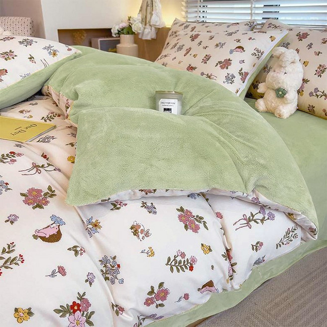 POMTOR 겨울 플라워 패턴 극세사 따뜻한 감성 침실용 스러운 피치스킨 소재의 부드러운 이불 커버, 옵션3