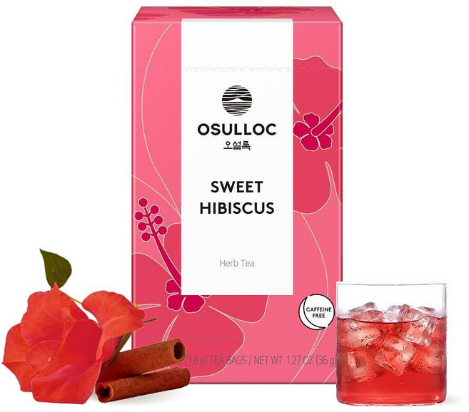 OSULLOC 피치 홍차 열대 망고 복숭아 맛 아이스 티백 과일 티 블렌드 제주도 프리미엄 20개 161999, 스위트 히비스커스, 36g