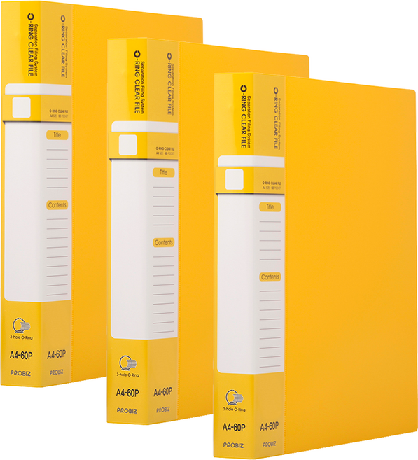 프로비즈 3공 O링 클리어파일 바인더화일 60매, 3개, 옐로우