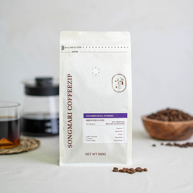 [당일로스팅]송마리커피집 고소한 콜롬비아 수프리모 후일라 원두커피, 1개, 500g, 홀빈(분쇄안함)