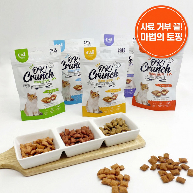 고양이 사료 거부 입짧은 바삭한 토핑 기호성 좋은 오케이크런치 간식, 닭고기&연어, 60g, 1개