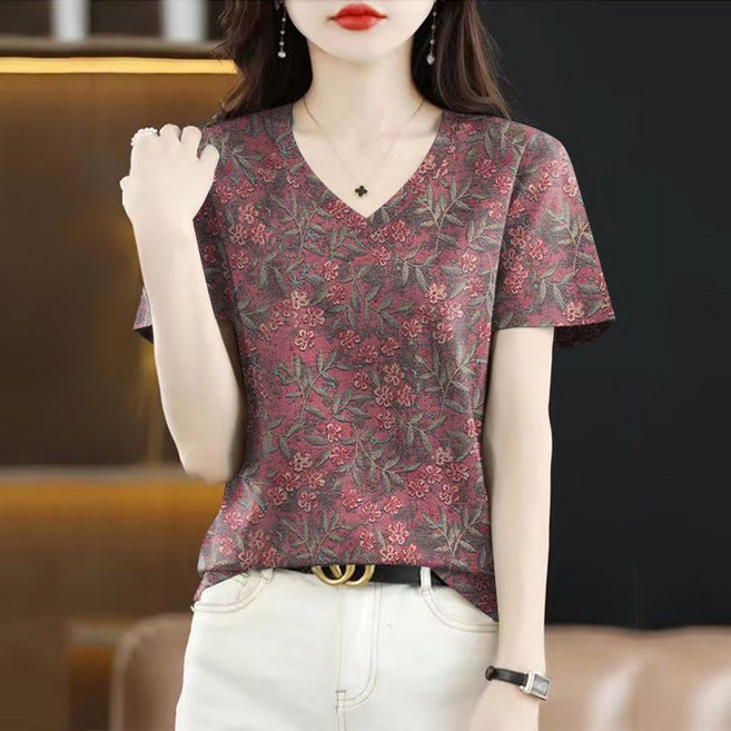 메인워크 중년여성 빅사이즈 브이넥 반팔티셔츠 여름 엄마룩 데일리 기질 패션 스판 루즈핏 기질 하객룩 냉장고 시크 프린트 아우터 상의