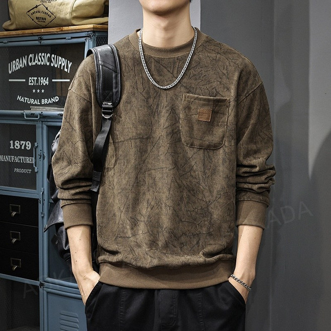 AOKADA 남성 봄 가을 루지픗 라운드 코듀로이 긴팔 맨투맨 티셔츠