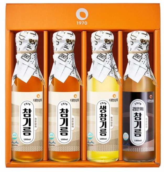 50년전통 대현상회 저온압착 참기름 생참기름 검은깨참기름 180ml 4병 선물세트 (선물케이스포장), 1