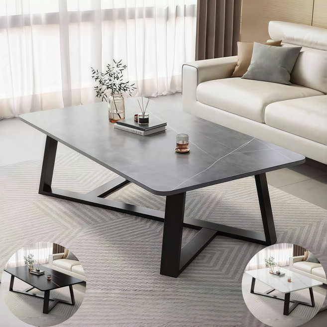 YAPOGI 유럽풍 가정용 대리석 무늬 우드 모조 세라믹 거실 테이블 수동 설치, 그레이