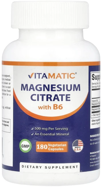 건강챙기세요 Vitamatic 마그네슘시트레이트 B6 함유 베지 캡슐 180정 백살까지오래오래, Vitamatic마그네슘시트레이트B6함유베지캡슐180정, 1개 - 쿠팡