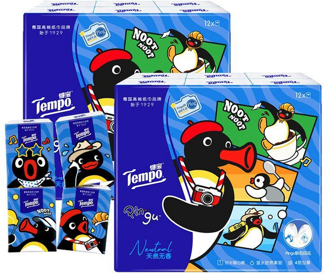 Tempo 得寶 Pingu 企鵝印花無香小包餐巾紙 12入, 1個, Pingu聯名無香手帕紙7片24包【對半撕刻線】