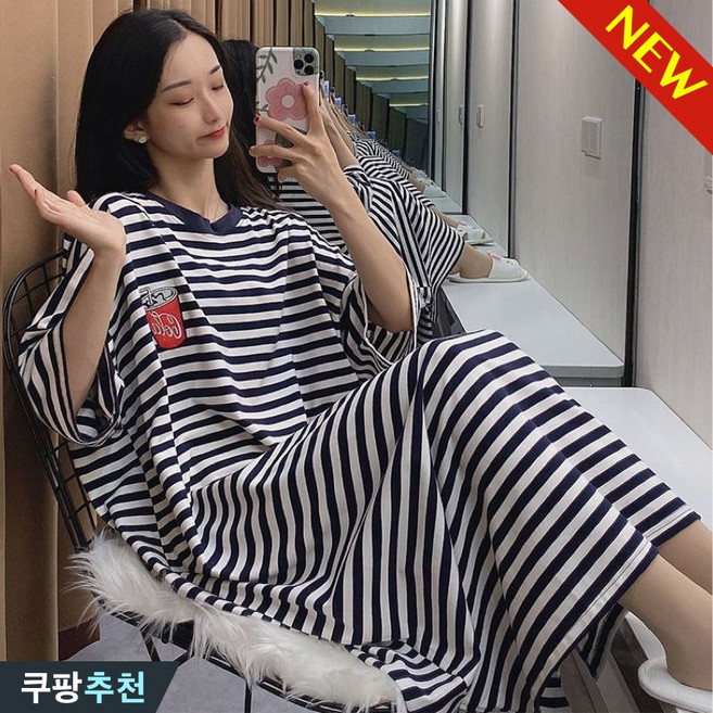 (완전 편한) 150kg까지 빅사이즈 여성 스트라이프파 캐릭터 데코라멘 박시 날씬해보이는 잠옷 여름 편한 반팔 얇은 쿨 패션 배색 통기성 소프트 캐주얼 데일리 오버핏 원피스 잠옷