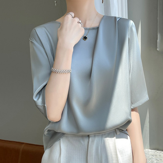 여성용 싱글새틴 블라우스 여름 인견 7부소매 단색 셔츠 상의 슬림소녀