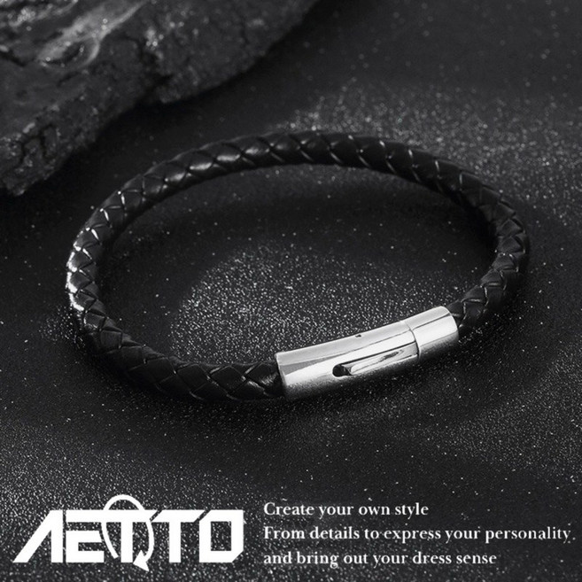 AETTO簡約皮繩手鍊 精緻做工 一字扣 磁吸款 純手工編織 鈦鋼男女手鍊