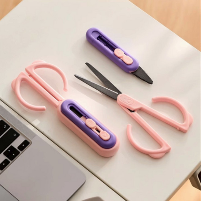 신테리어 안전한 언박싱 택배칼 2in1 칼 가위 세트 자석 부착형, 1개, 퍼플핑크