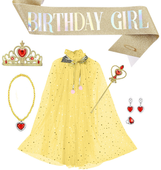 [청춘교복] 공주 생일 파티 용품 5종세트+망토+어깨띠 축하 코스프레 연말 선물 소품 프린세스 코스튬 주얼리 왕관 요술봉 목걸이 액세사리, 1개, 옐로우-벌스데이걸