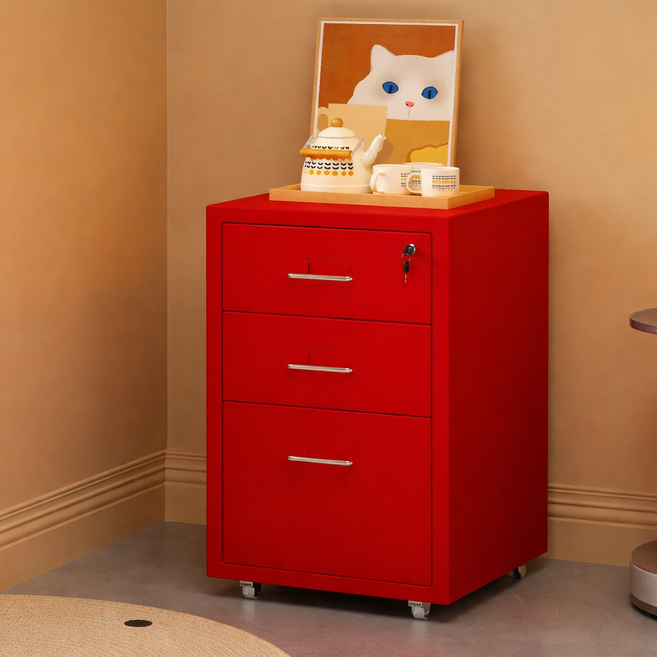 이동식 서랍 수납장 다용도 캐비닛 가정용 사무용, 3개, 레드(B)
