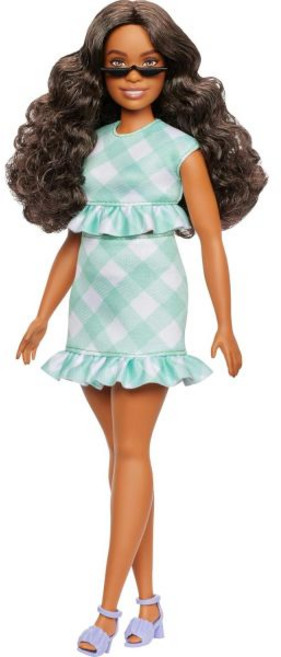 바비 인형 패셔니스타 #240 민트 러플 깅엄체크 드레스 원피스 선글라스 갈색 웨이브, 바비 인형 패셔니스타 #240 민트 러플 깅엄체크 드레, 1개