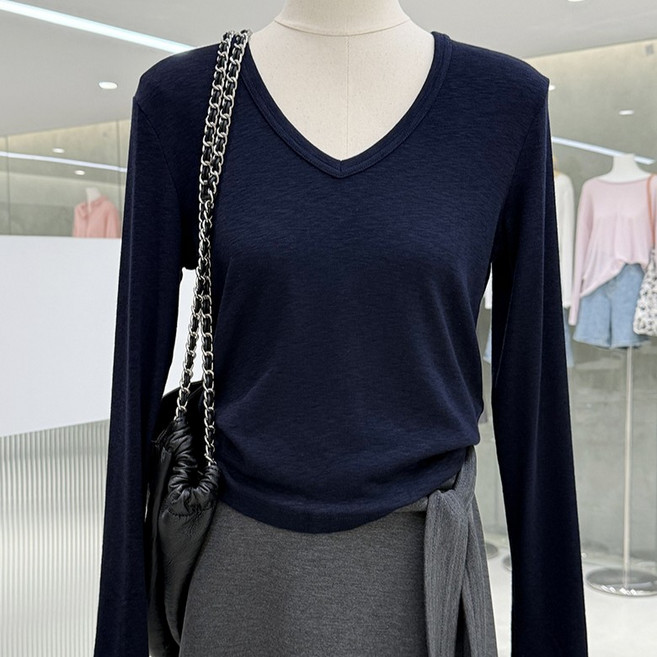 소노바 여성용 베이직 V넥 긴팔 티셔츠 가을 이너웨어