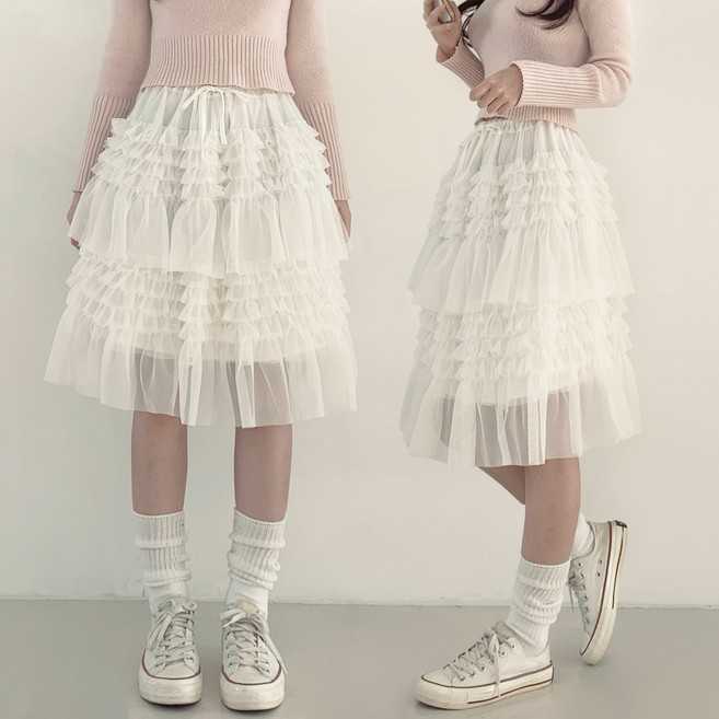 제이앤썸 캉캉 프릴 밴딩 미디 스커트 레이어드 레이스 셔링 쉬폰 주름 롱 A라인 플레어 치마