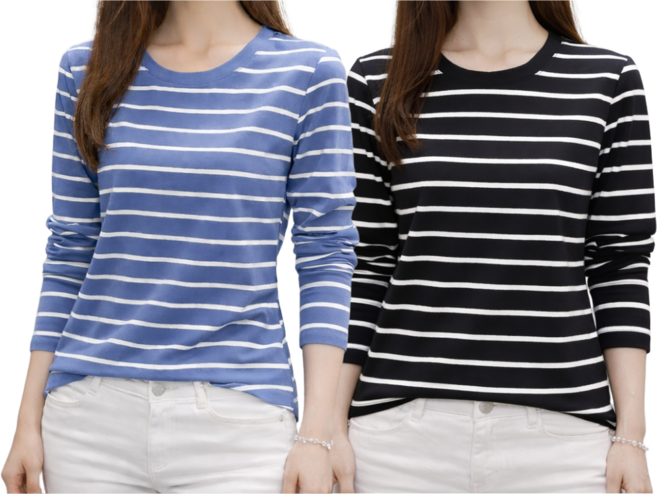 벨로에 여성 봄 스트라이프 티셔츠 라운드넥 줄무늬 긴팔티 2종 세트