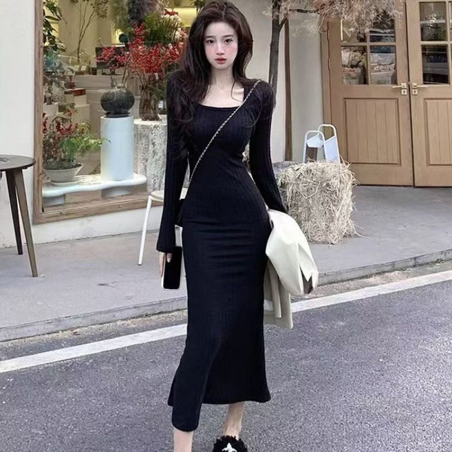 COSYEVNO 여성 니트 원피스 가을 스퀘어 칼라 허리 슬림 머메이드 롱스커트 lyjlyq-1