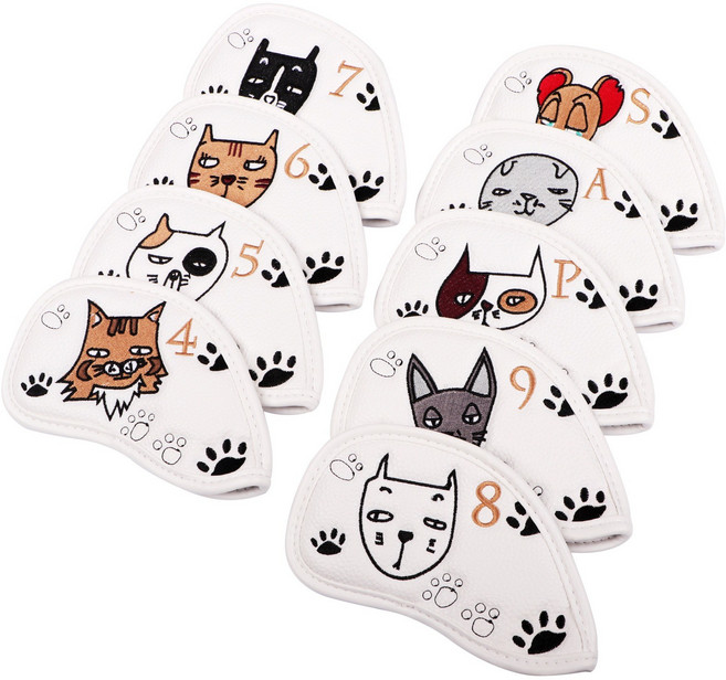 [골프친구] 프리미엄 가죽 자수 고양이 캐릭터 아이언커버 세트 9P 아이언 커버 세트 골프 아이언커버 4 5 6 7 8 9 P A S, 9개, Dully Cat  White