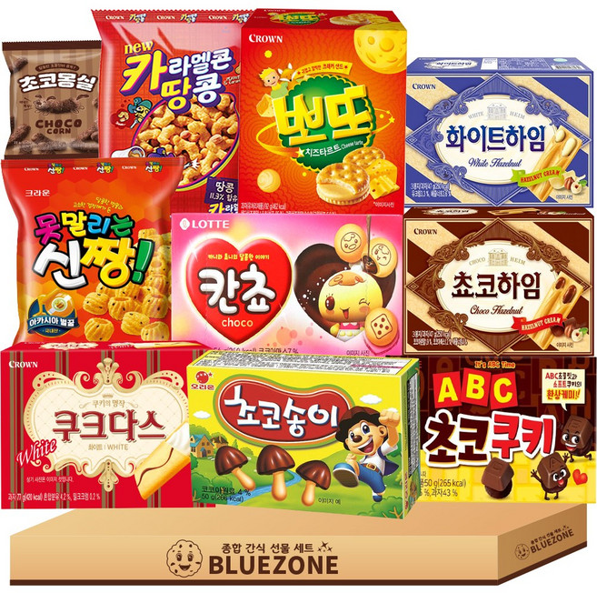 어린이 선물 과자 세트 쵸코하임 화이트하임 쿠크다스 화이트 초코송이 abc초코쿠키 뽀또 칸쵸 카라멜콘땅콩 신짱 초코몽실, 1박스, 혼합