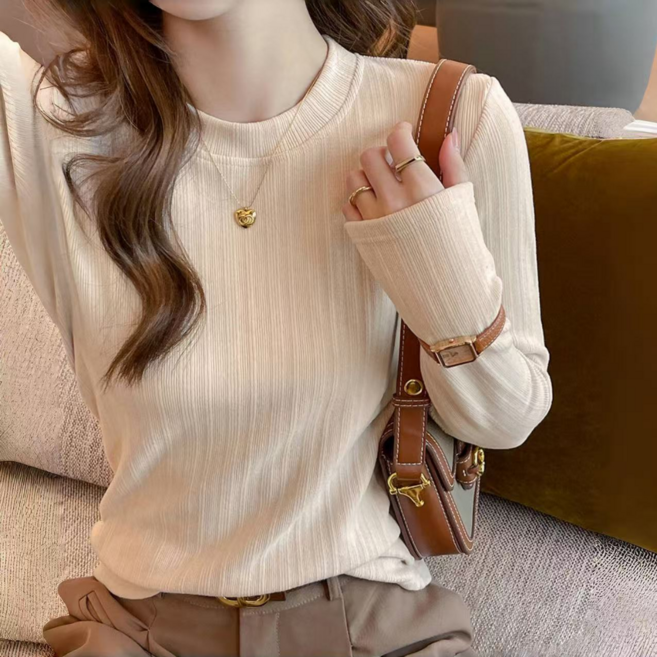 MIZ DAY 여성 라운드넥 긴팔 골지 티셔츠