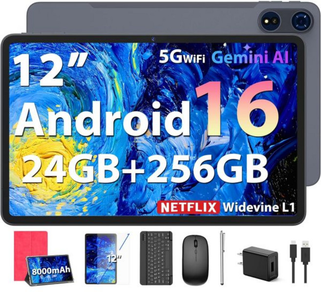 2026 안드로이드 16 태블릿 12인치 태블릿 (키보드 포함) 24GB+256GB+2TB 확장 가능 2K Gemini AI 8000mAh 배터리 옥타코어 프로세서, Pink