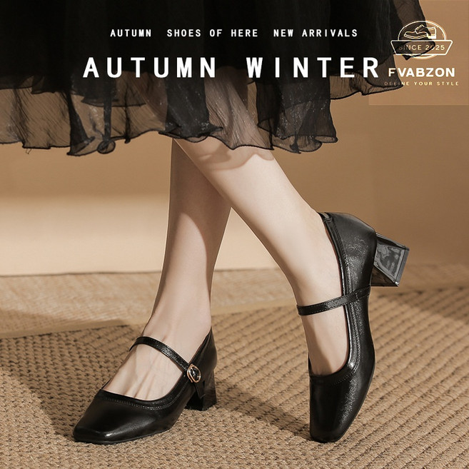 FvaBzon 여성화 진피 천연 쇠가죽 메리제인 슈즈 단화 구두 쿠셔닝 여자 하이힐 굽 펌프스