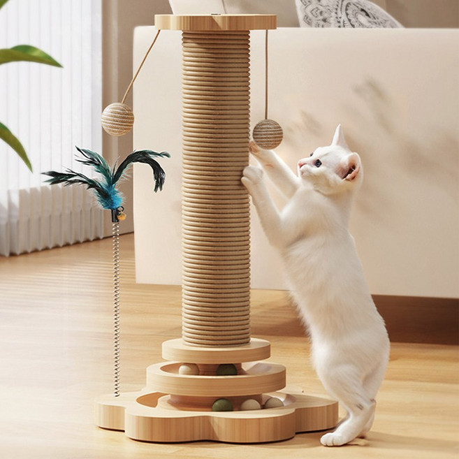 BIKASU 고양이 수직 스크래쳐 기둥 타워 트랙볼 장난감, 1개, 카키