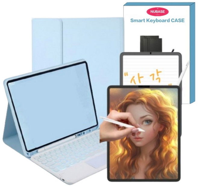 NUBASE 아이패드 m4 애플펜슬 수납 키보드 커버 케이스 한국어자판 블루투스 키보드, 04. 스카이, 1개