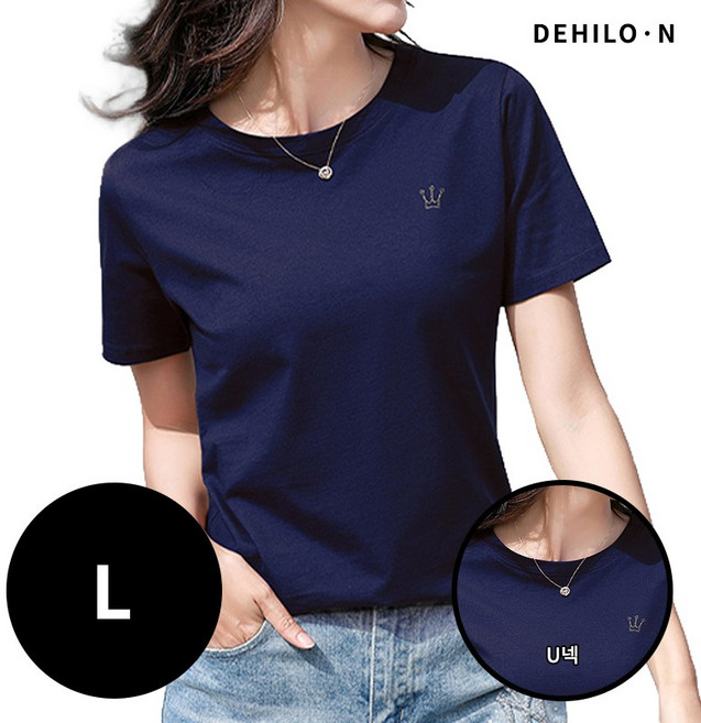 데일로엔 여성 라운드넥 심플 크라운 자수 반팔티
