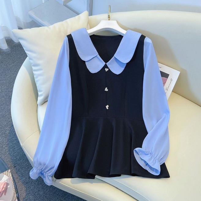 봄 가을 여성 긴소매 상의 빅사이즈 배색 가짜 투피스 긴팔 셔츠 블라우스 캐주얼 여자 페이크 레이어드 니트 YJW