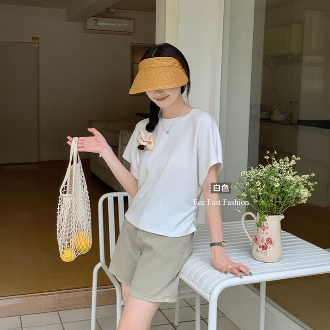 Fee 韓系太空棉圓領側抓皺短袖上衣 多色可選 修身顯瘦女T恤