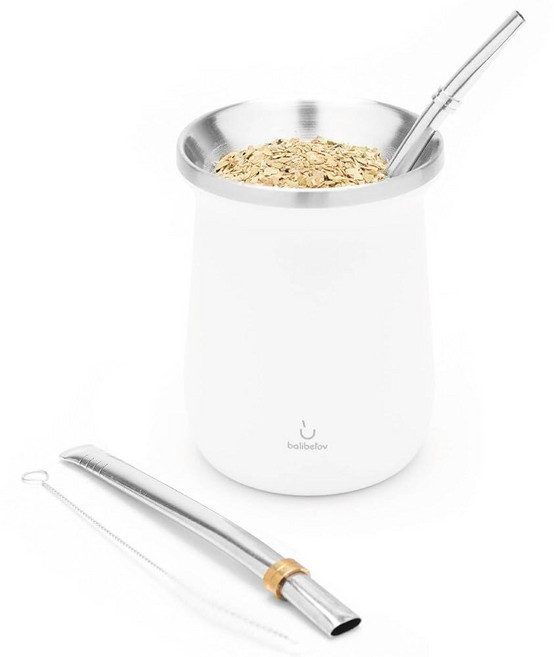 스테인리스 스틸 Yerba Mate Gourd and Bombilla 세트 - 세척 및 유지 보수가 쉽습니다. (블랙), 화이트