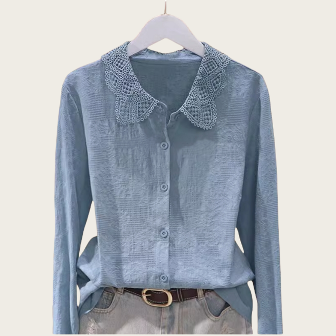 쌍천 레이스 카라 순면 반팔 블라우스 티셔츠