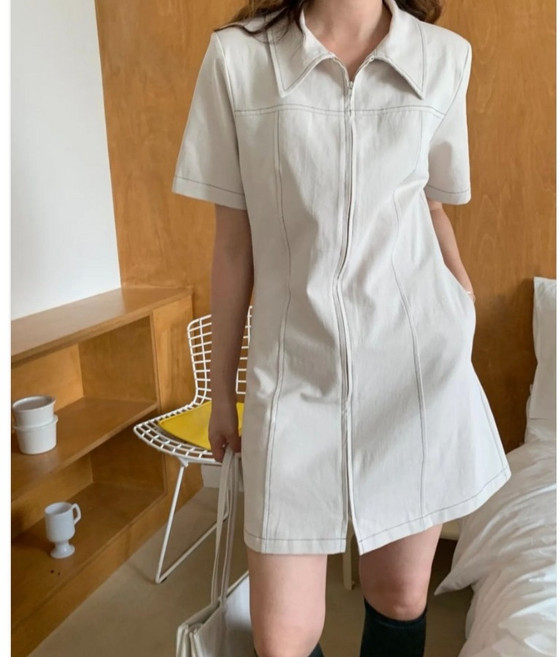 서진맘 여름 프렌치 카라넥 슬림핏 지퍼형 미니 원피스