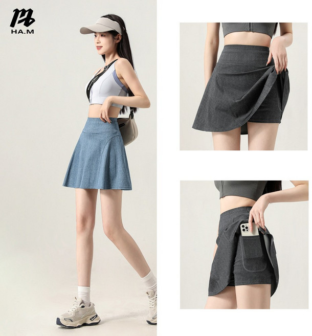 HAM 스포츠 스커트 여 여름 얇은 데님 통기성 노출 방지 운동 배드민턴 요가 스커트 치마바지