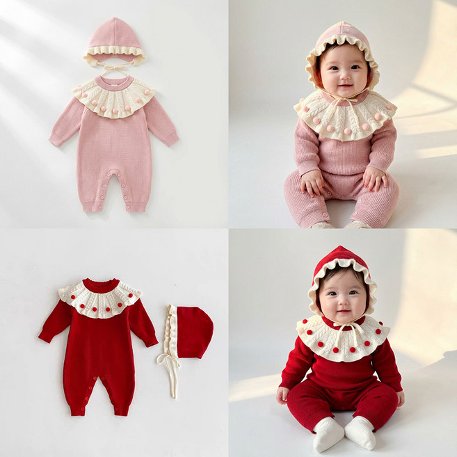 로이앤한나 방울폼폼 카라 여아 여자아기 니트 우주복 보넷 세트 아기외출옷 외출복