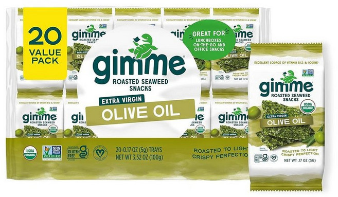 김미 오가닉프리미엄로스티드김 엑스트라버진올리브오일 20개입 김스낵 키토 비건 건강간식 Gimme Organic Premium Roasted Seaweed Extra Virgin O, 1개, 100g