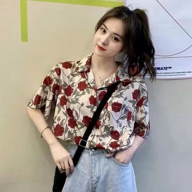 碎花襯衫 印花襯衫 花襯衫 襯衫上衣 韓版襯衫 大碼復古港風碎花短袖襯衫印花夏季設計感小眾新款襯衣寬鬆百搭上衣