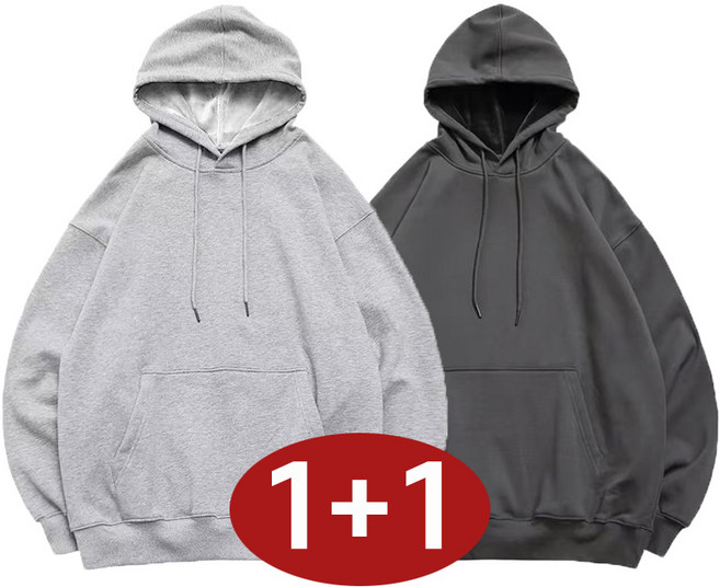 1+1 남성 트렌디 단색 후드티 긴팔 빅사이즈 소프트 데일리 가을 겨울 편한 간절기 트렌드 스판 티 심플 커플 루즈핏 데일리 덧대 맨투맨 상의 남녀공용