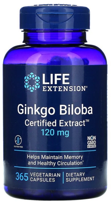 라이프익스텐션 Ginkgo Biloba Certified Extract 징코빌로바 은행나무 빌로바 120 mg 365 Vegetarian Capsules, 365정, 1개 - 쿠팡