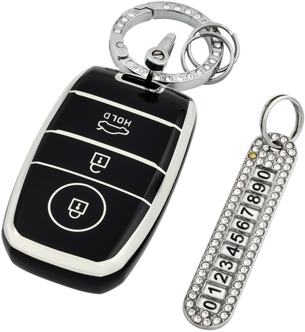 OFFCURVE TPU 기아 자동차 엣지라인 3버튼 모닝 레이 풀커버 스마트키 적용 키케이스 키홀터 +열쇠고리+번호판 다양한 컬러, 블랙 실버+열쇠고리+번호판