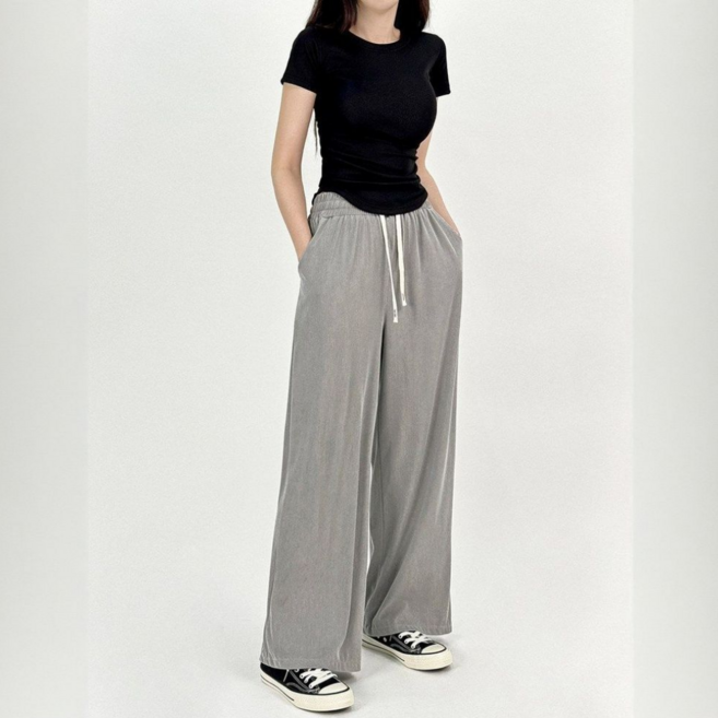 여성 여름 쿨 텐셀 스트링 밴딩 데님 세미와이드 롱 루즈핏 팬츠