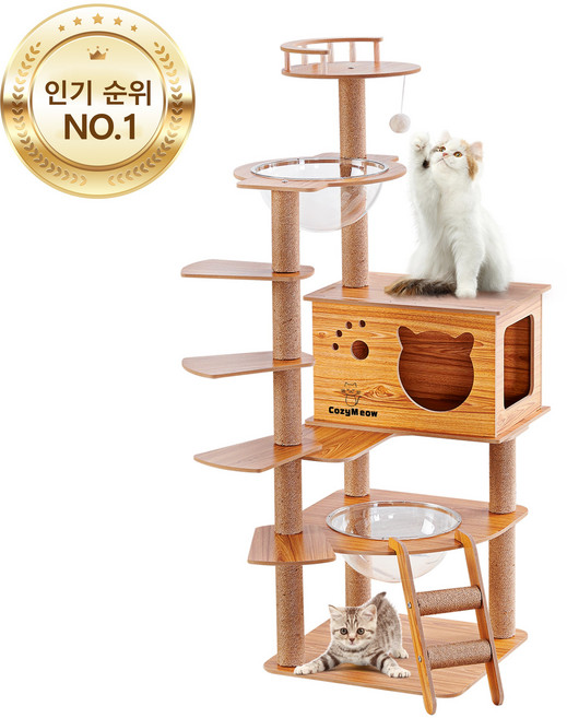 고양이 등반용 원목 우주선 디자인 바닥 설치형 두꺼운 합판 캣 하우스 대형 캣 타워 & 캣 스크래처 포스트 고양이 워크웨이 가정용 다층 캣 점프대 뛰어난 안정성 운동 부족 해결, 1개, 원목색