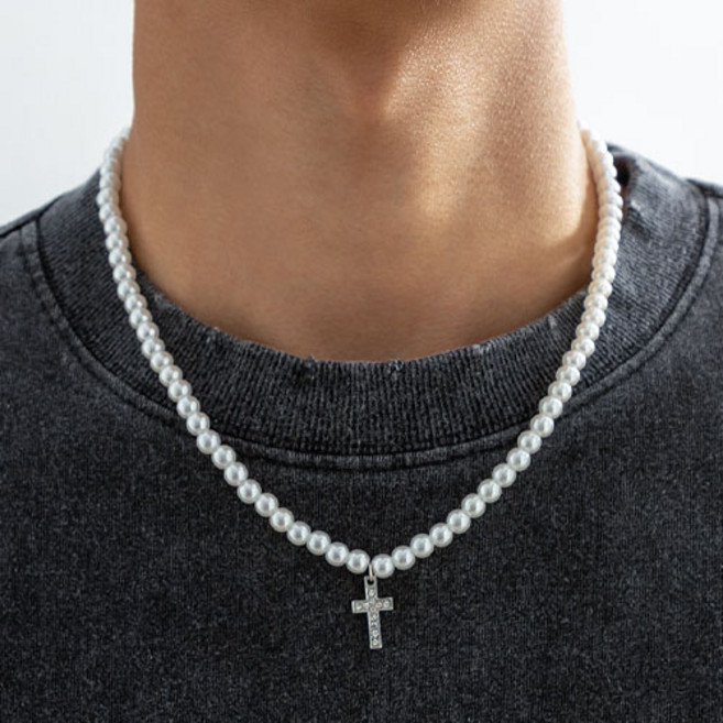 남녀공용 큐빅 십자가 진주 체인 목걸이 A1540