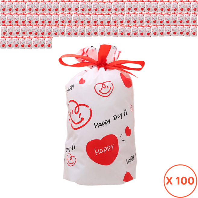 해피쇼핑 구디백 비닐 선물봉투 단체 어린이집 생일 간식 답례품 포장 과자 사탕 복주머니, 100개, 해피데이