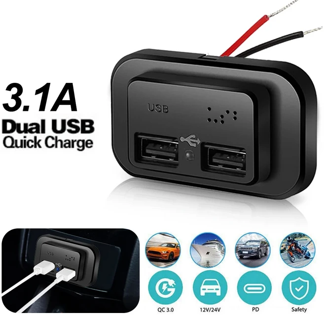 듀얼 USB 차량용 충전기 소켓 QC3.0 PD 빠른 충전기 콘센트 패널 전원 어댑터 방수 12V/24V 캠핑카 캐러밴, [03] Dual USB, 1개
